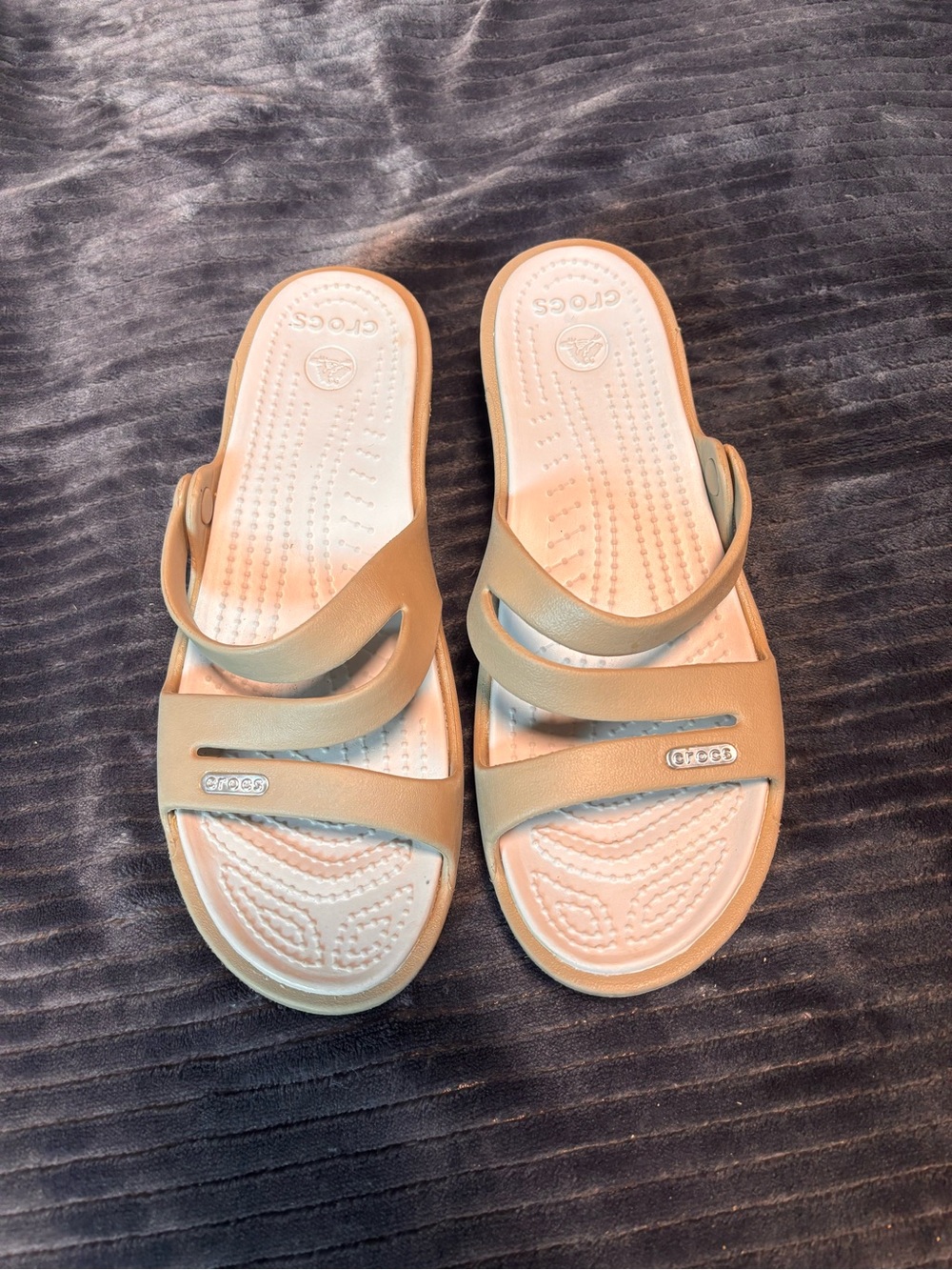 CROCS Women's Tan Triple-Strap Slide Sandals